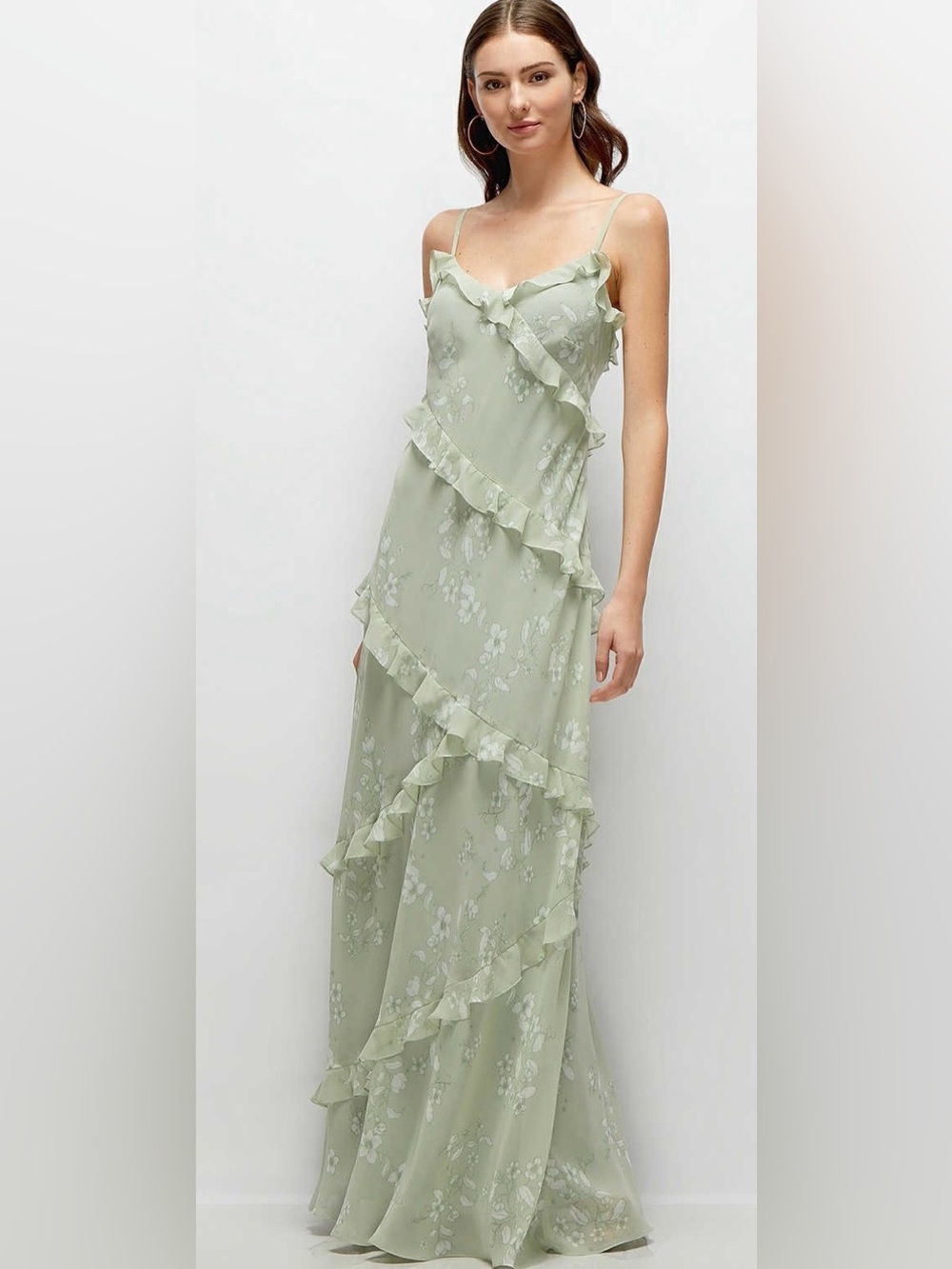 Dessy Collection 3157 Becca sage Ruffle Chiffon Bias Slip Maxi Dress M-NWT $289